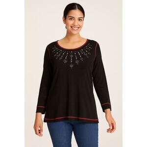 Holiday Traditions Size M Black Embellished Long Sleeve Top